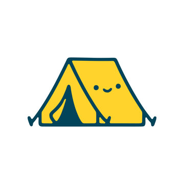 Cartoon tent illustration with smiling face and minimalist design concept