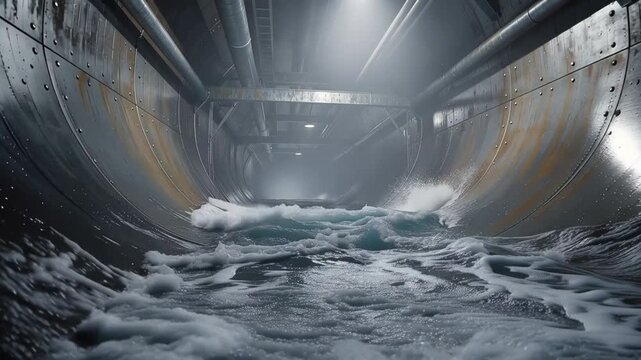 Dark tunnel with crashing turbulent waves and metallic walls in atmospheric underground environment