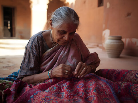 Elderly Bengali Woman Stitching Nakshi Kantha Embroidery in Sunlit Rural Courtyard