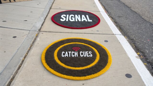 Ground markings for traffic signals and catch cues on a concrete sidewalk, illustrating urban guidance and safety.