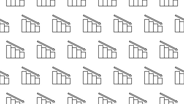 Seamless financial loss pattern vector featuring decreasing bar chart icons with a downward arrow on a transparent background. Seamless business pattern and financial loss theme background.