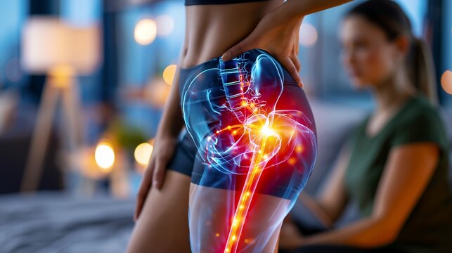 Woman with glowing red spine pain while exercising in gym holding dumbbell, concept of back injury