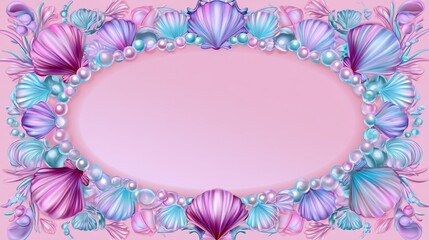 Obraz premium Cute mermaid birthday frame seashells ocean pearls pastel pink background underwater princess party design decorative sea elements invitation layout with whimsical fantasy celebration theme