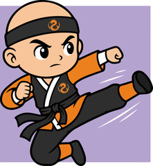Obraz premium Cartoon Karate Boy Performing a High Kick.