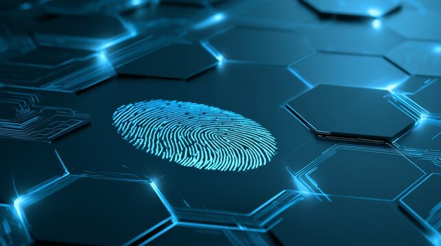 Futuristic fingerprint scanner security biometric hexagonal background blue data lines digital technology system authentication identity verification concept with glowing interface 3d render