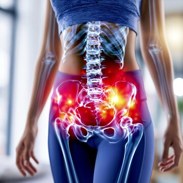 Fitness woman experiencing coccyx pain in gym with glowing red tailbone area, injury concept