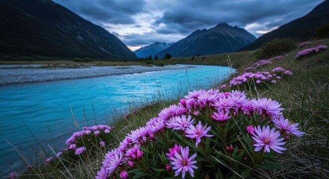 Rhodora flowers by serene mountain river landscape