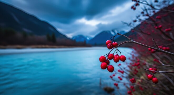 vibrant winterberry branch by serene mountain lake on overcast day
