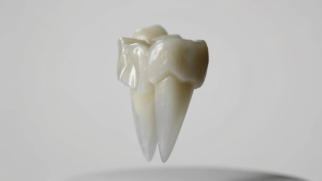 Dental crown with two pointed cusps suspended in mid-air against a neutral background, showcasing its detailed surface and structure in a clinical setting