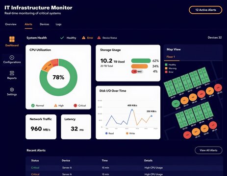 It infrastructure monitoring dashboard with system health statistics isolated on white background