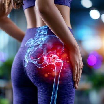 Woman exercising in gym with highlighted red coccyx pain, concept of tailbone injury and strain