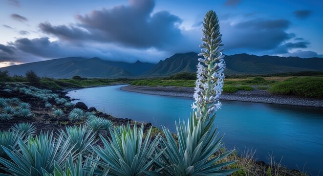 dramatic hawaiian silver sword plant by serene river landscape