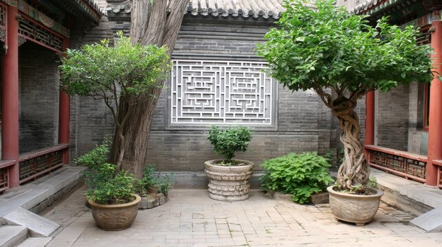 Tranquil courtyard traditional architecture gray brick wall white geometric lattice red columns pattern design symmetry calm space with classic oriental style architectural detail and cultural harmony