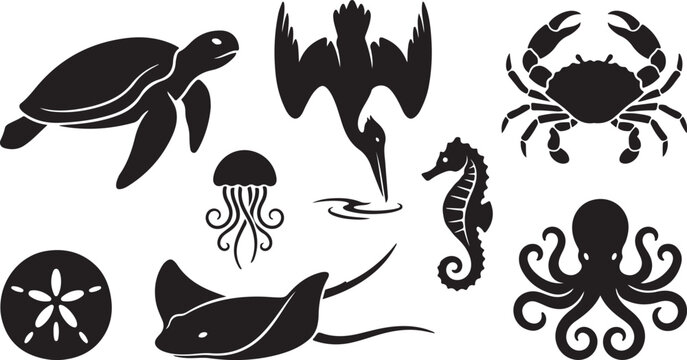 Set of black silhouette featuring various marine life including a sea turtle, diving pelican, crab, jellyfish, seahorse, stingray, octopus, and a sand dollar on a plain white background