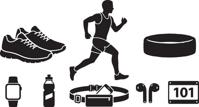 Set of black silhouette for running and fitness, featuring a male runner, athletic sneakers, a water bottle, a smartwatch, a waist belt, wireless earbuds, a hockey puck, and a race bib number 101