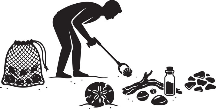 Silhouette of a person beachcombing with a grabber tool, collecting seashells into a mesh bag, surrounded by a sand dollar, driftwood, a glass bottle, and smooth pebbles on a sandy beach shore