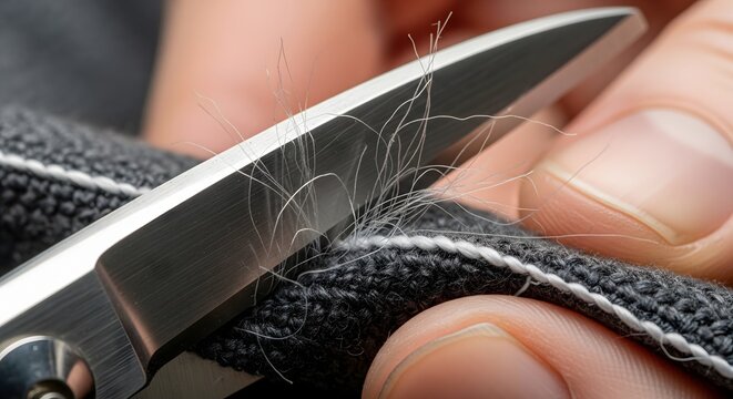 A close-up view of a person using sharp scissors to meticulously trim loose threads and lint from a dark gray fabric garment, highlighting attention to detail in clothing maintenance.