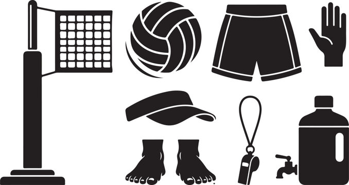 Volleyball sport equipment set, including net, ball, shorts, hand signal, visor cap, bare feet, whistle, and water dispenser container, isolated black silhouette collection