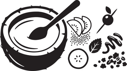 Black and white of a coconut bowl filled with smoothie, accompanied by sliced kiwi, chia seeds, a mint leaf, a berry skewer, granola clusters, and a decorative syrup drizzle © MdAbu