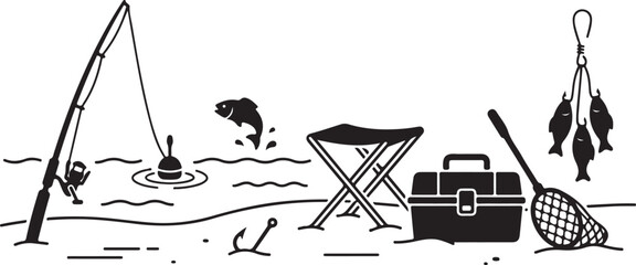 Black and white of fishing gear including a rod with a bobber, a jumping fish, a folding stool, a tackle box, a landing net, and a string of caught fish on a white background © MdAbu