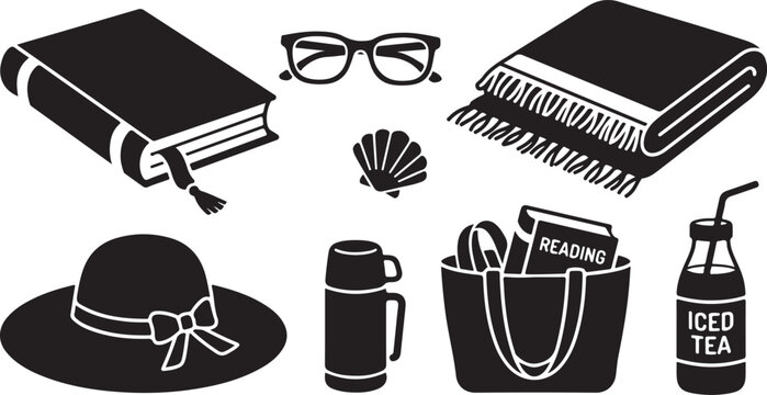 Black and white set featuring a book with a bookmark, eyeglasses, a fringed blanket, a seashell, a sun hat, a thermos, a tote bag with a reading book, and a bottle of iced tea