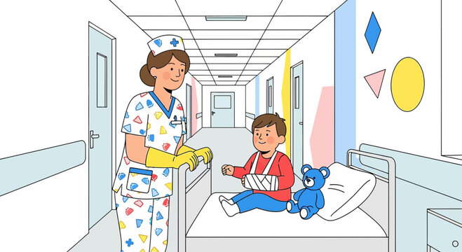 Nurse Cares for Injured Boy with Broken Arm and Teddy Bear in Hospital Corridor