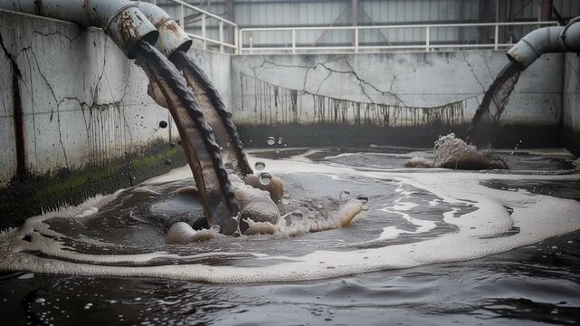 Powerful swirling wastewater treatment process in large industrial basin with clean water flow