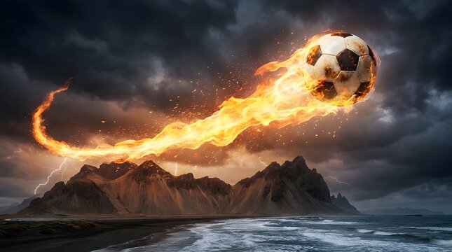 Fiery soccer ball flies through stormy sky over dramatic mountains and ocean.