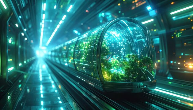 Futuristic Eco-Train Traveling Through a Bioluminescent Tunnel.