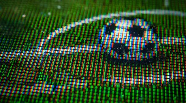 Macro view of screen pixels showing colorful subpixels in grid pattern.