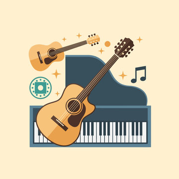 Acoustic Guitars and Piano - Musical Instruments in a Vector Illustration.