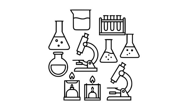 Scientific laboratory equipment vector icon set with microscope and glassware in bold line art