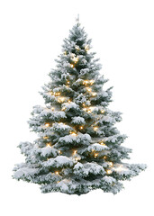 Fototapeta premium Snow-Covered Christmas Tree with Lights in a Festive Environment