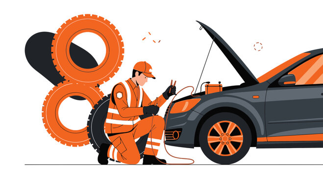 Mechanic Jumps Starting Car Battery with Jumper Cables Next to Stack of Tires
