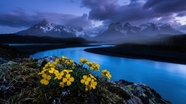 dramatic alpine landscape with yellow flowers and river