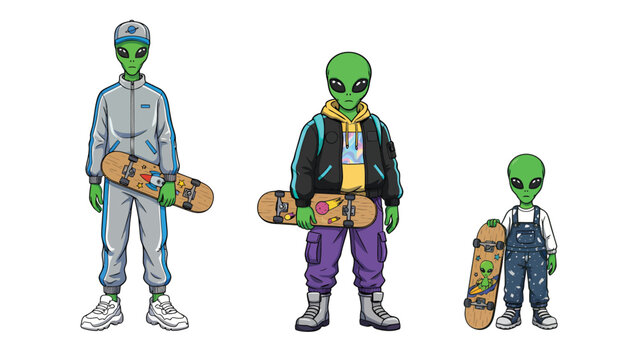 Stylish Alien Skateboarders: Cartoon Green Extraterrestrials in Streetwear with Boards, Diverse Ages