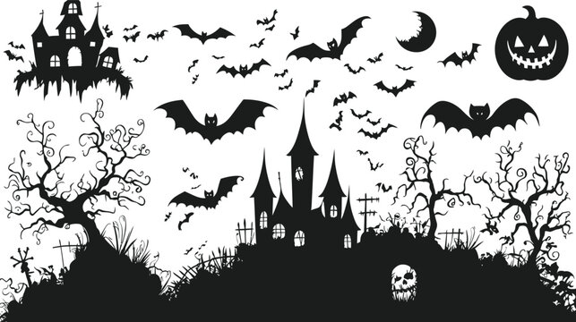 Halloween Silhouette Collection Spooky Night Scene.