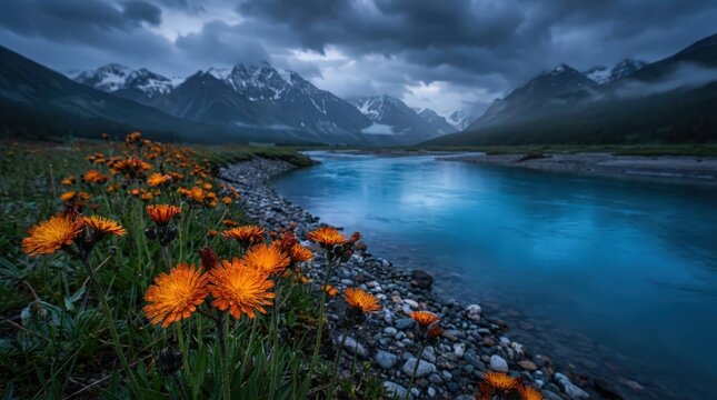 vibrant orange alpine hawkweed blooming by serene mountain lake under stormy sky
