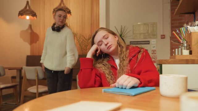 Sleepy white woman student at cafe table, head resting on hand with red coat and notebook, ceramic mug nearby, warm pendant lights and wooden interior creating cozy, introspective afternoon mood