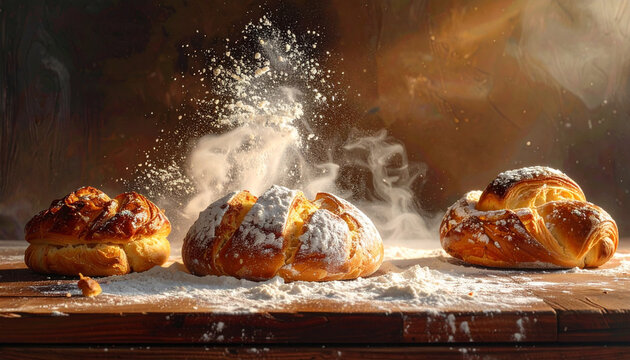 P&atilde;o fresco assado em uma mesa de madeira