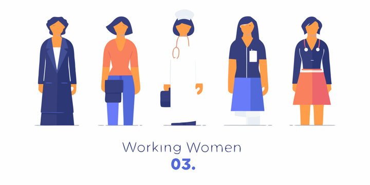 vector illustration of five working women in various professions white background