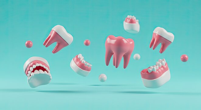 Renderiza&ccedil;&atilde;o 3D de dentes e elementos dent&aacute;rios flutuando contra um fundo turquesa.