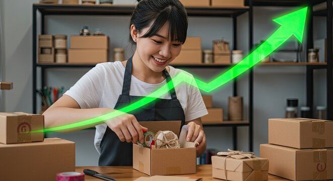 Mulher embalando mercadorias com uma seta verde indicando crescimento e sucesso.