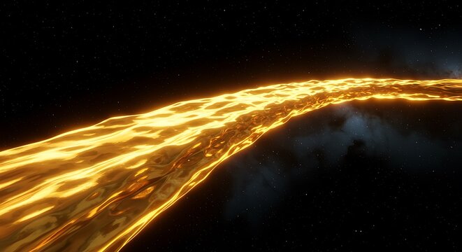 Fluxo de lava incandescente contra um fundo espacial escuro com destaques.
