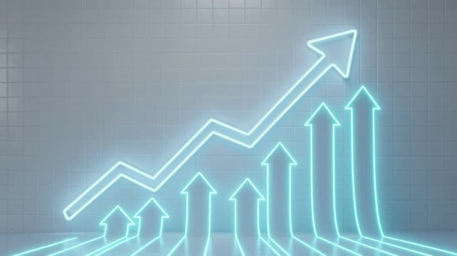 Dynamic neon arrows rising showing business growth success and financial progress on clean background