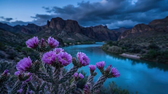 purple cholla cactus flowers in foreground of serene desert river landscape at dusk
