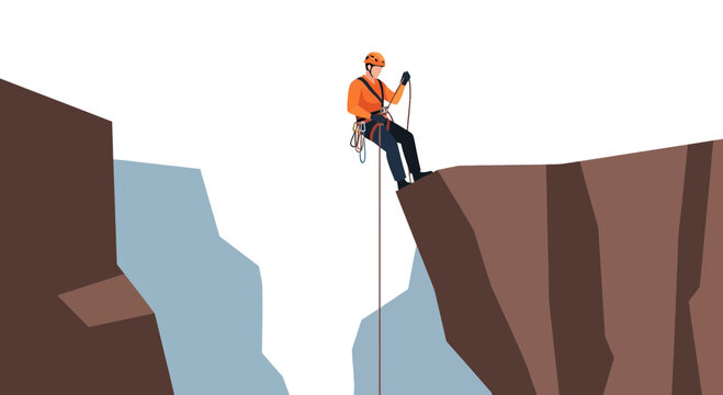Man rappelling down a steep cliff face into a canyon, extreme sports adventure