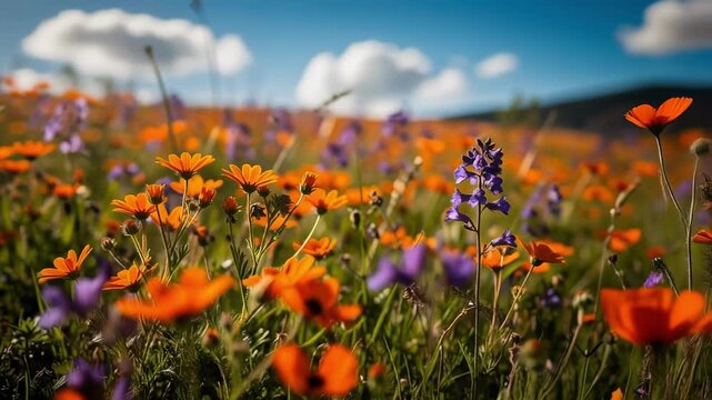 Vibrant meadow with orange and purple flowers swaying under bright blue sky with fireflies at dusk