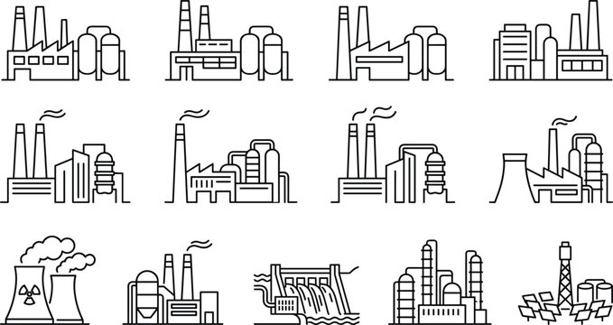 Black and white industrial facility icons including factories, refineries, nuclear plants, hydroelectric dams, and renewable energy stations