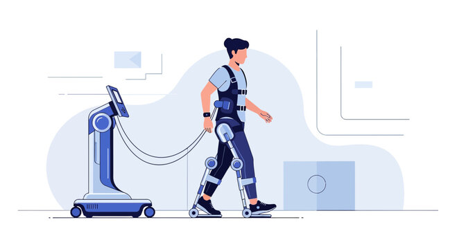 Man in Exoskeleton Suit Walking with Medical Device for Rehabilitation